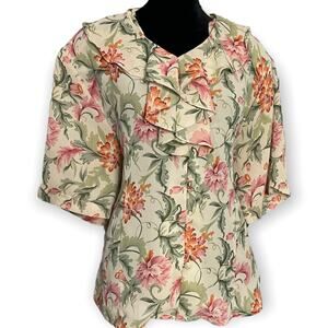 Christie & Jill Button Up Blouse Women's 16 Multicolored Floral Print VTG Modest